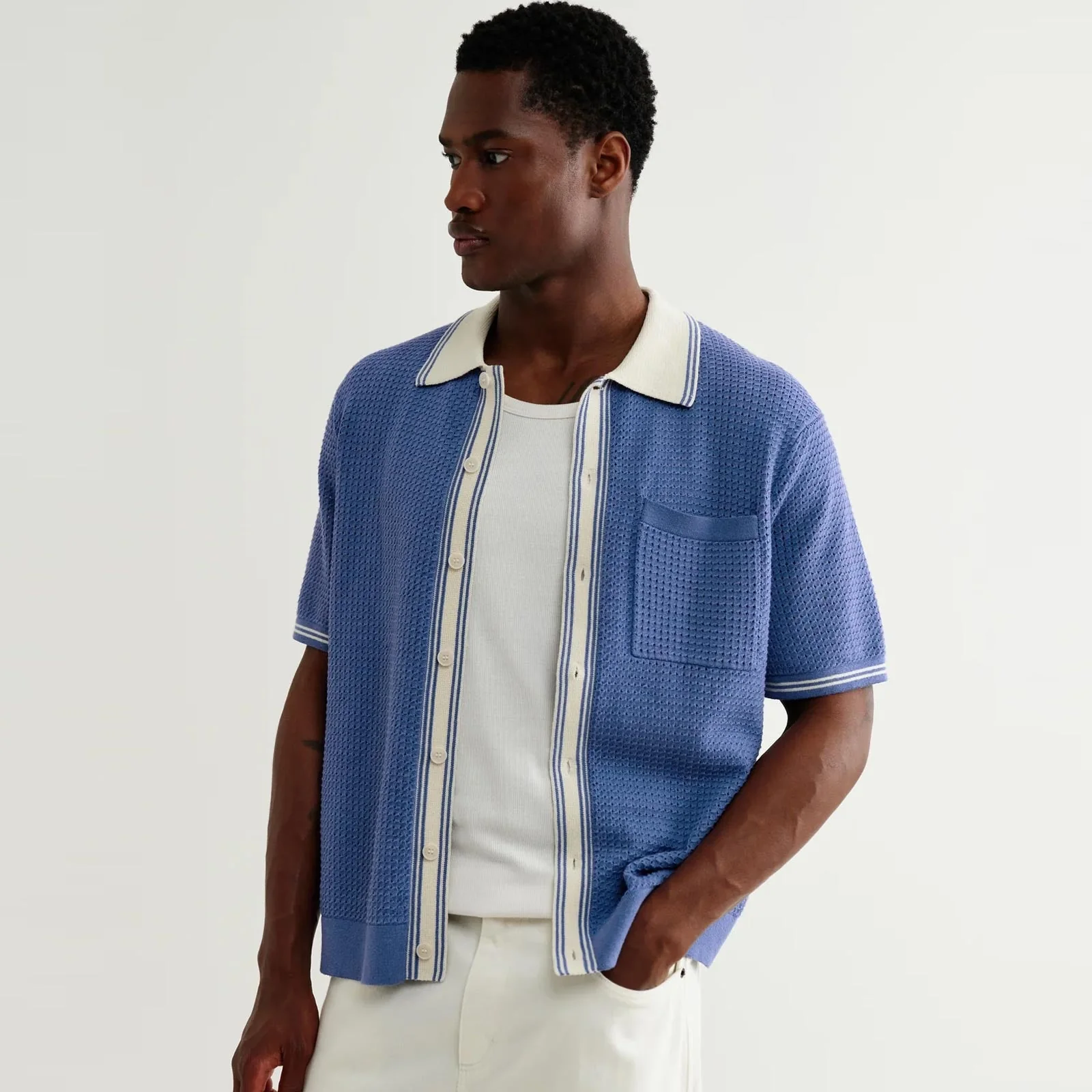Belle S/S Pointelle Shirt blue/ecru - Image 3