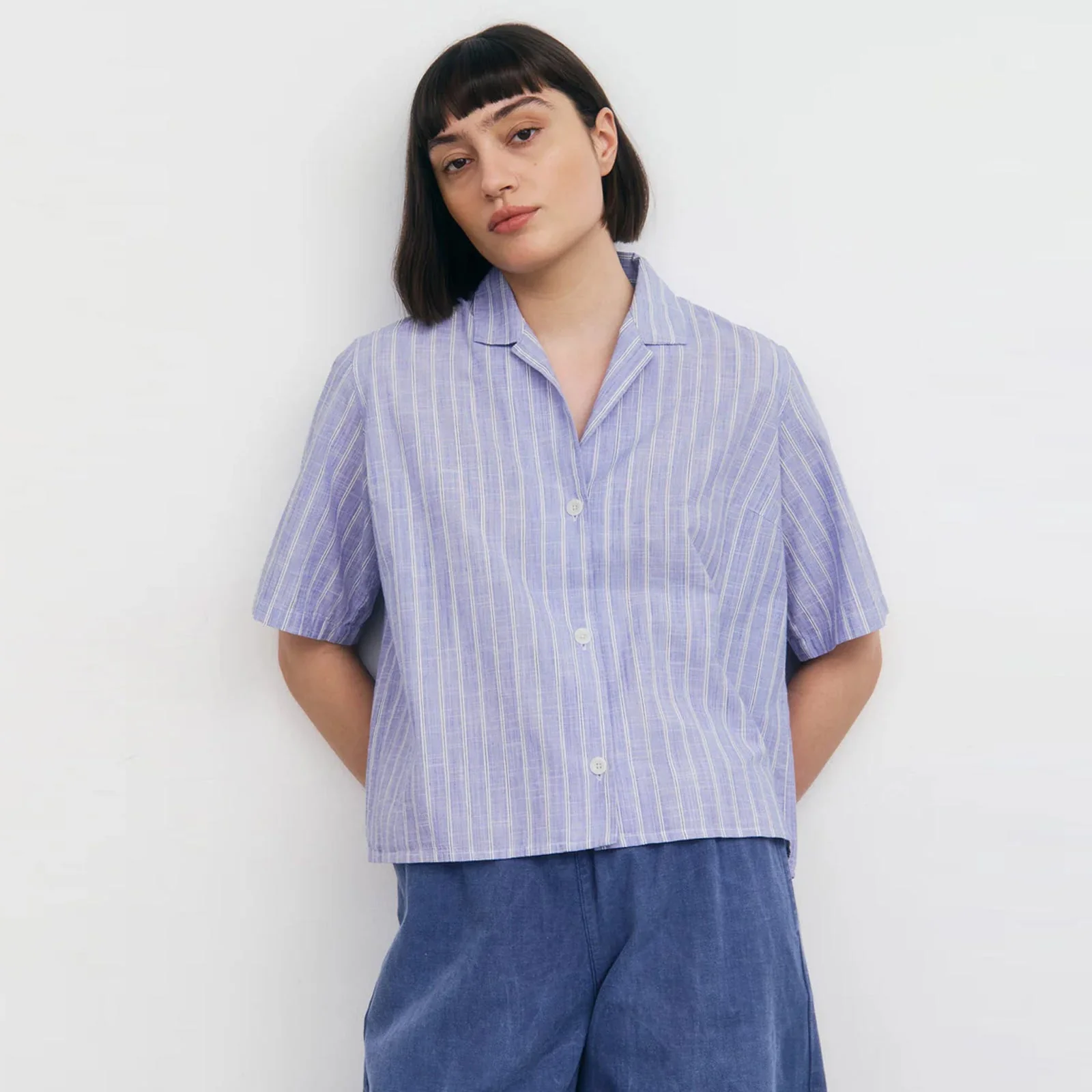 Cropped Bowling Shirt blue stripe