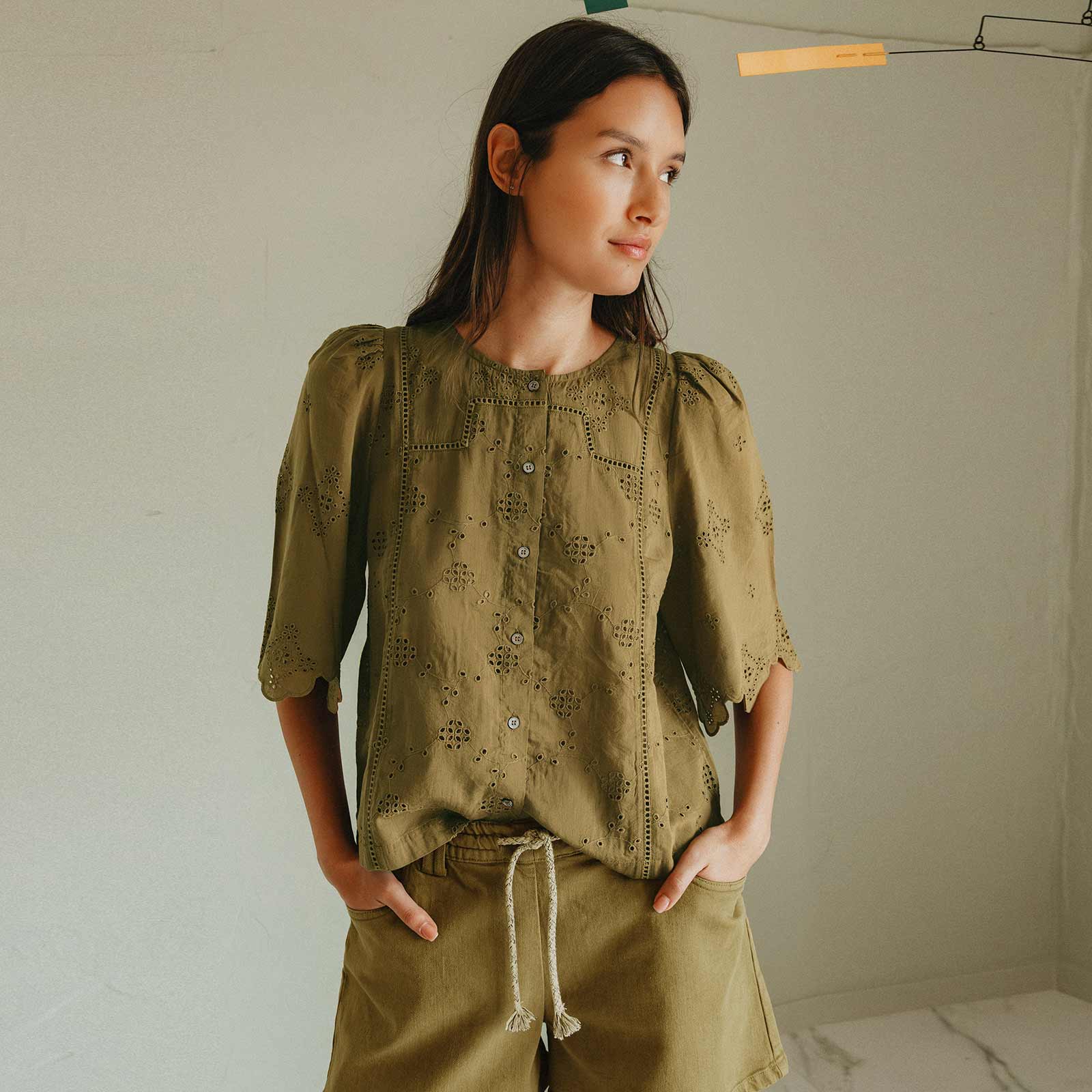 Eyelet Embroidery Blouse khaki