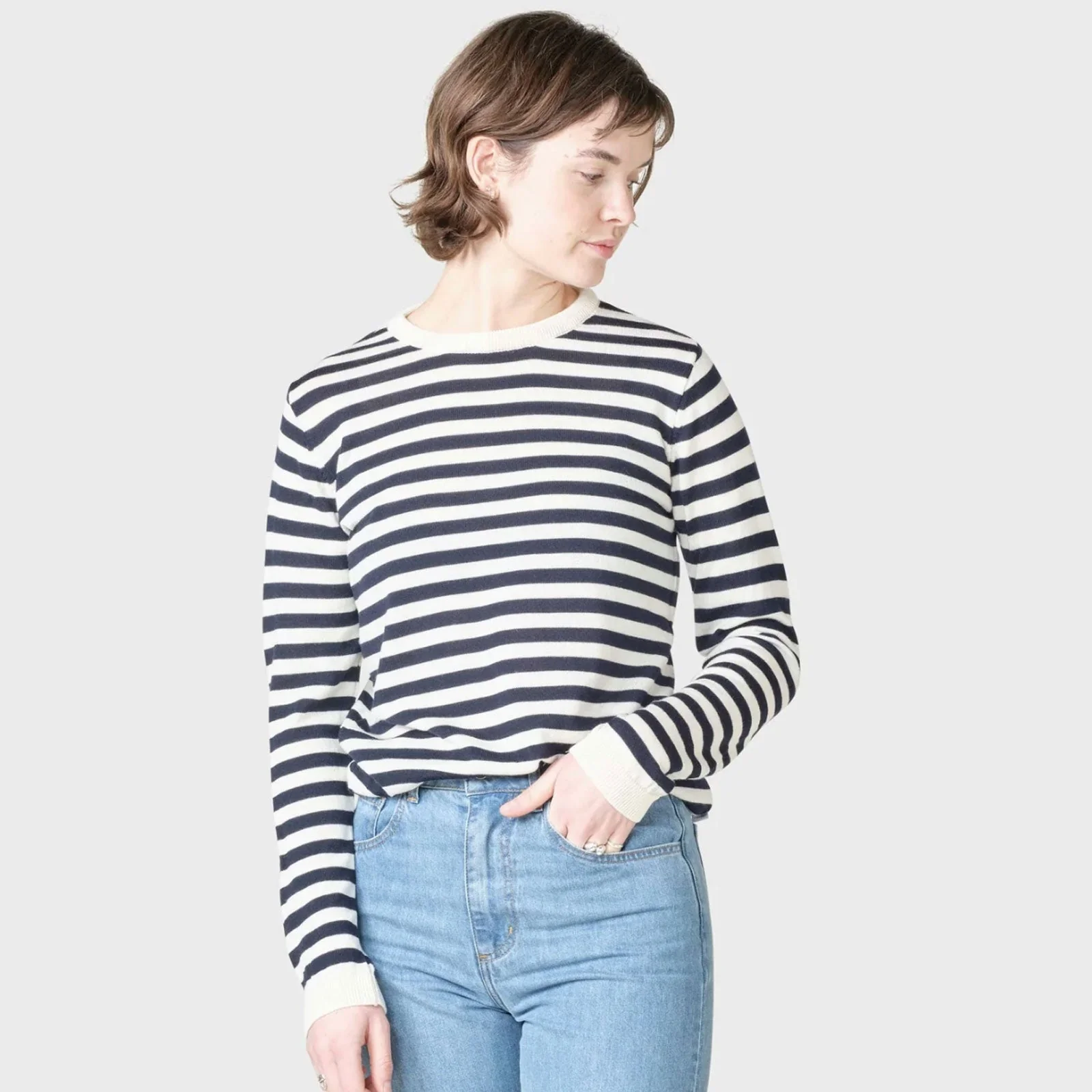 Womens Basic Stripe Merino Knit Jumper cream/surf blue